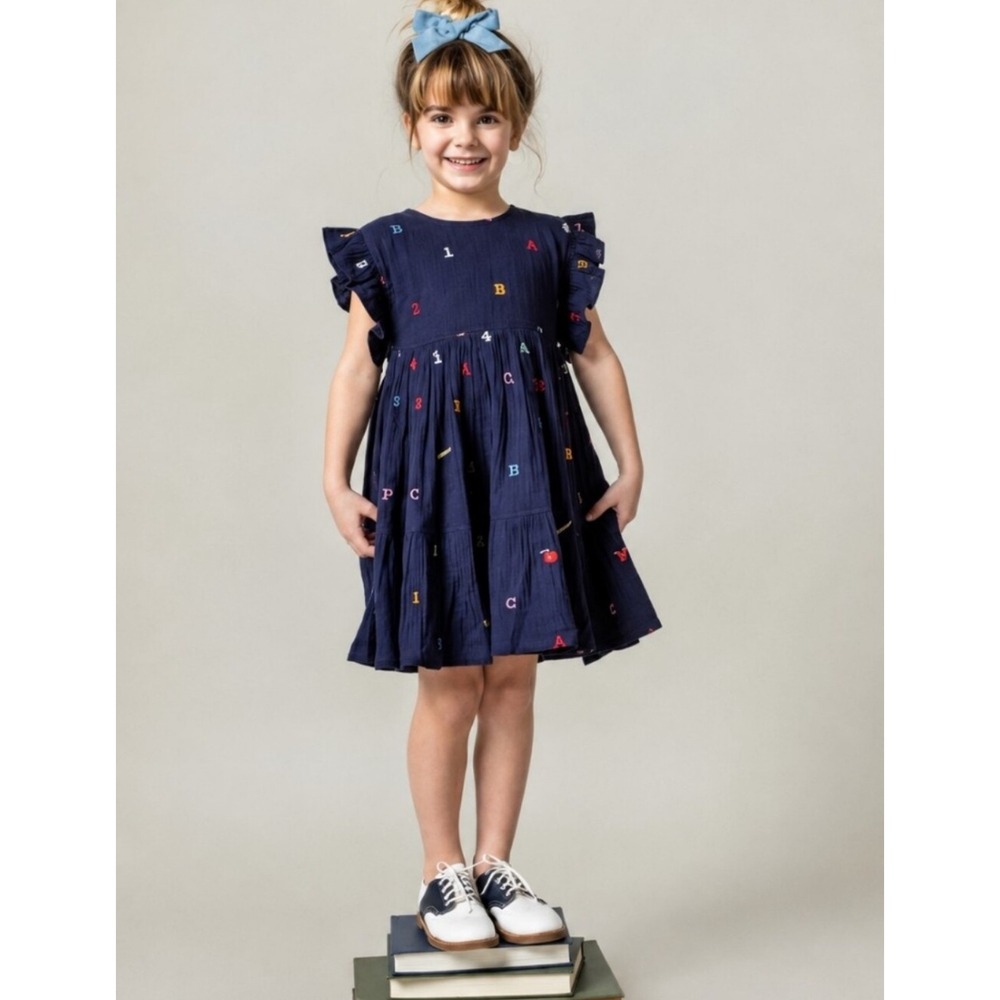 Pink Chicken Dress Kids 3Y Navy Blue Embroidered ABC 123 School Ruffle alphabet